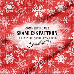 May include: A seamless pattern of white snowflakes on a red backdrop. The design showcases diverse snowflake shapes and sizes, evoking a winter theme. The image also includes the text "COMMERCIAL USE SEAMLESS PATTERN 12 X 12 INCH | 300DPI PNG + JPEG".