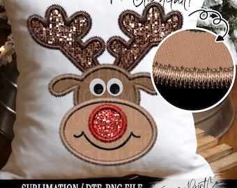 Faux Embroidery Reindeer - Christmas - Sequins Glitter Sublimation Design Download PNG - DTF  Download - Shirts  EmmePrintCo