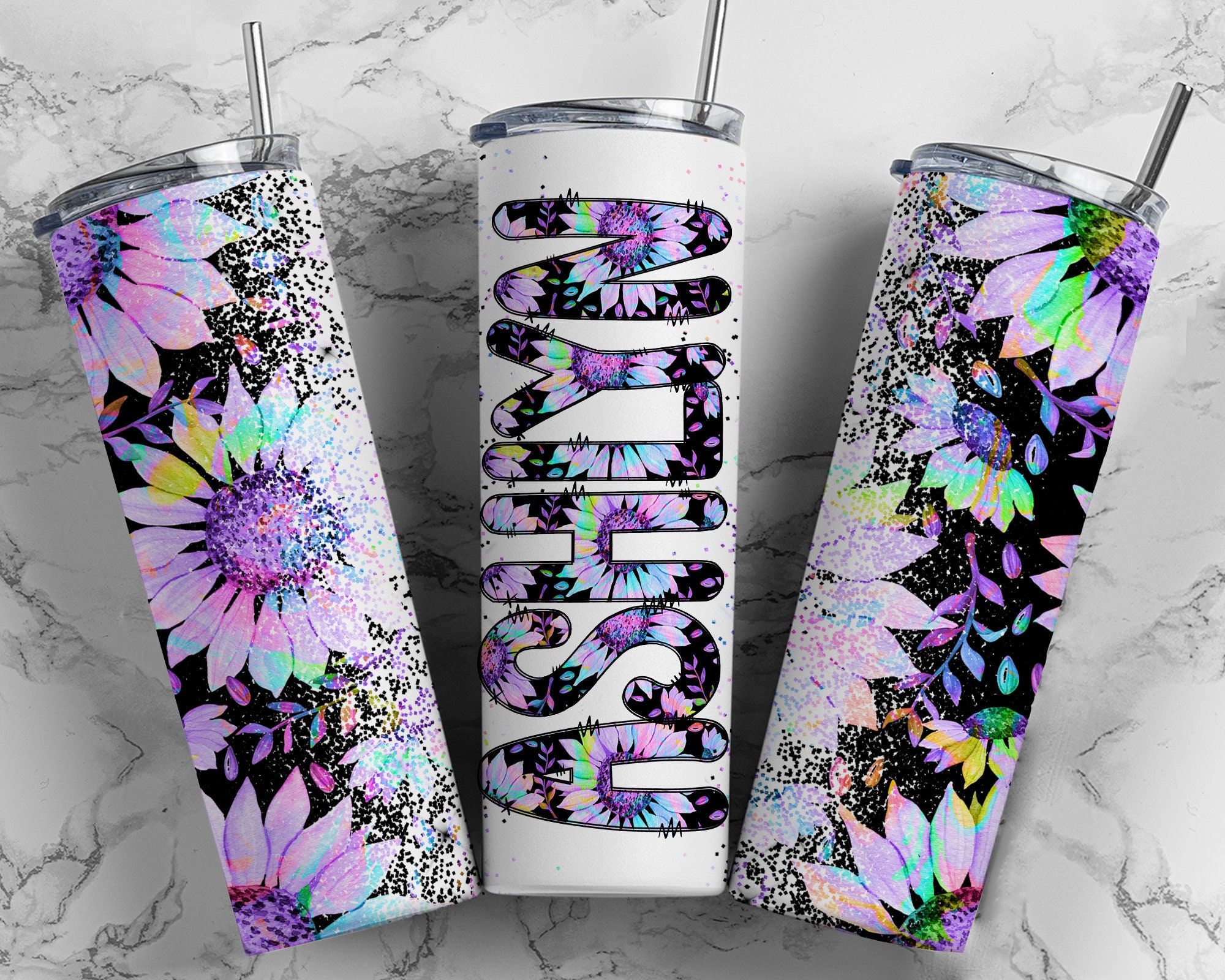 Rainbow Sunflowers Tumbler Wrap PNG Name Doodle Alpha Tumbler Etsy