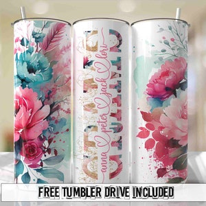 GRAMS Tumbler Wrap Pink und Blau Floral Fügen Sie Kinder Namen Designs Nahtlose Sublimationsdesigns Downloads - Skinny 20 Unze - PNG