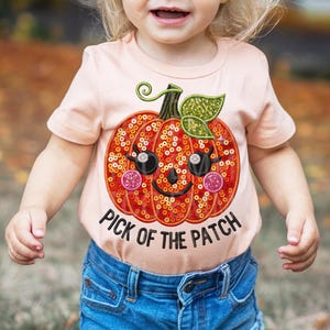 Cute Girls Halloween Pumpkin Faux Embroidery Sequins Glitter Sublimation Design Download PNG - DTF  Download - Shirts