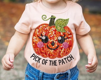 Cute Girls Halloween Pumpkin Faux Embroidery Sequins Glitter Sublimation Design Download PNG - DTF  Download - Shirts