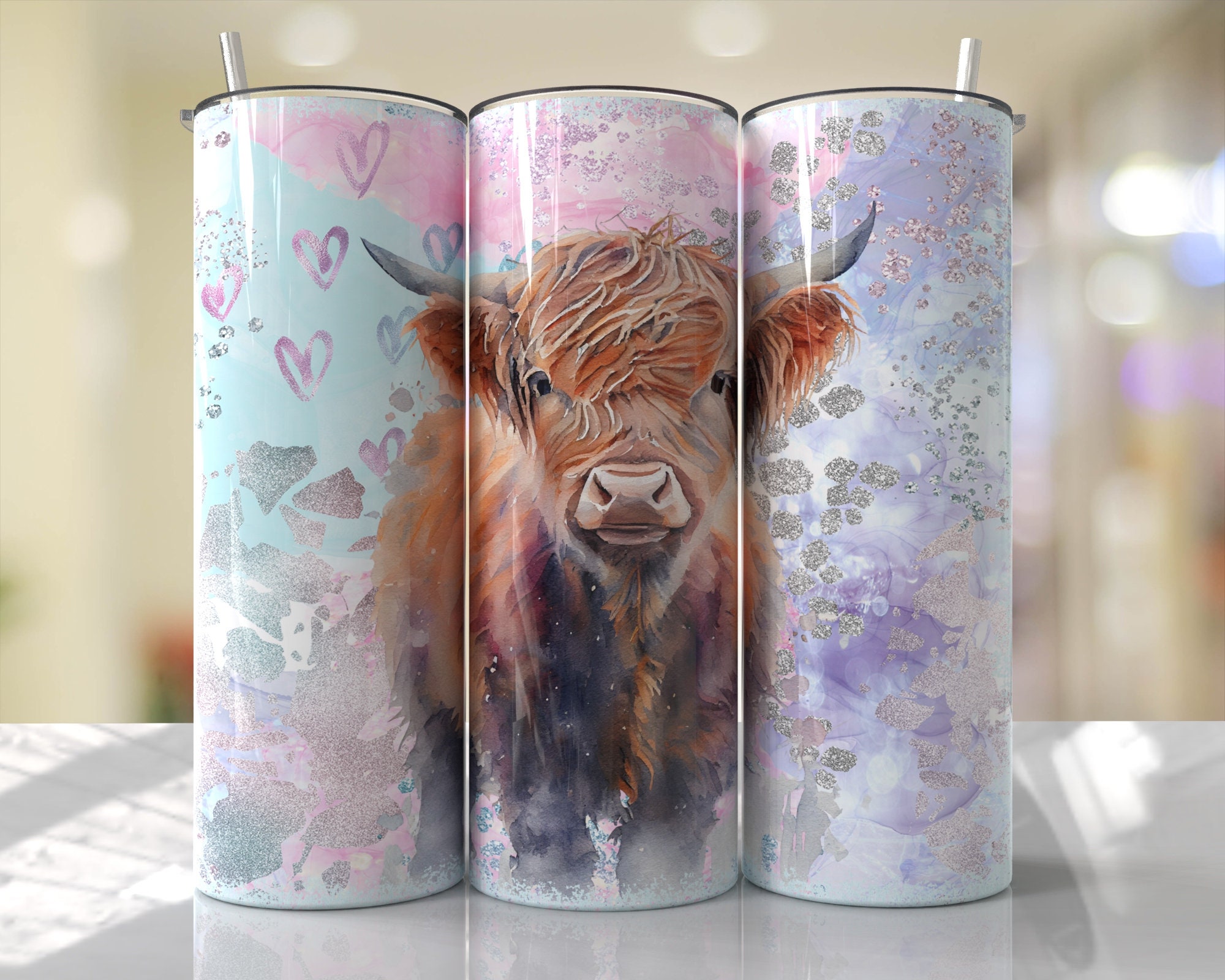 Highland cow and flowers 40 oz tumbler PNG for sublimation - So Fontsy