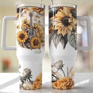 Cowgirl Country Music Sunflowers Guitar 40oz Quencher Tumbler Wrap - Design de copo PNG sem costura, designs de sublimação para download - PNG