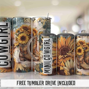 Mini set "Mamá Vaquera" con girasoles del oeste, vaso de 12 oz con boquilla y 15 oz, diseño PNG de sublimación sin costuras - Diseño de vaso delgado de 20 oz