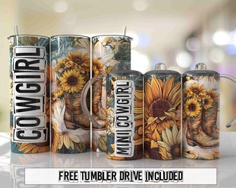 Cowgirl Mama Mini Set Country Western Sunflowers 12oz Sippy 15oz Tumbler Wrap PNG Seamless Sublimation Designs - Skinny Tumbler 20oz Design