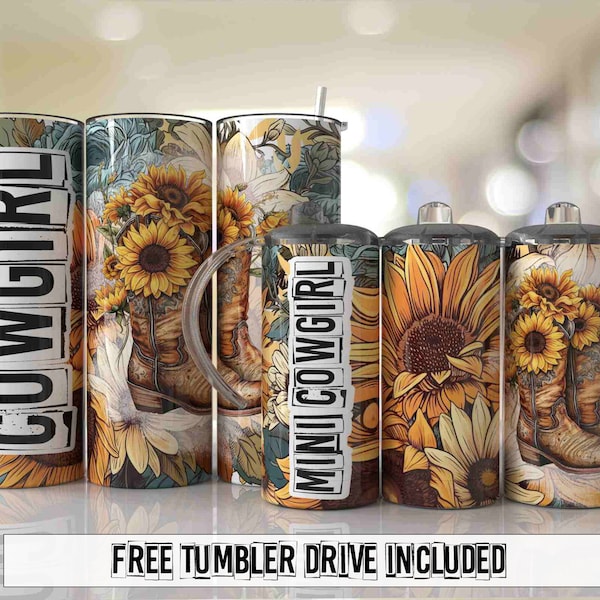 Cowgirl Mama Mini Set Country Western Sunflowers 12oz Sippy 15oz Tumbler Wrap PNG Seamless Sublimation Designs - Skinny Tumbler 20oz Design