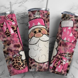 Pink Santa Christmas Tumbler Wrap PNG Santa Seamless Cheetah Print Sublimation Designs Downloads - Skinny 20oz