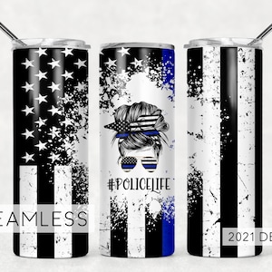 Police Life Female Police Officer Blue Stripe USA Flag Sublimation Designs Downloads - Skinny Tumbler 20oz Design - PNG Commercial 2021