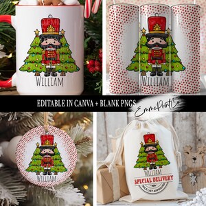 May include: A set of personalized Christmas-themed gifts featuring a cartoon nutcracker holding a candy cane and standing in front of two Christmas trees. The gifts include a mug, a tumbler, an ornament, and a gift bag. The name "William" is personalized on each item.