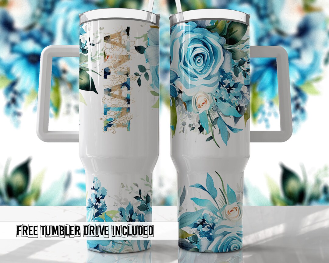 NANA Bright Aqua Floral 40oz Quencher Tumbler Wrap - Seamless PNG ...