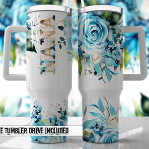 NANA Bright Aqua Floral 40oz Quencher Tumbler Wrap -  Seamless PNG Tumbler Design Sublimation Designs Downloads - PNG