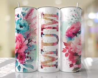 MUM Tumbler Wrap Floral Pink Blue PNG Tumbler Wrap Seamless Sublimation Designs Downloads - Skinny 20oz Design