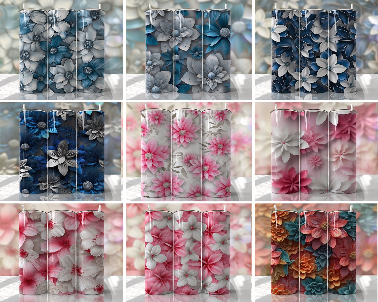 3D Floral Tumbler Wrap Bundle PNG Seamless Tumbler Drive Designs ...