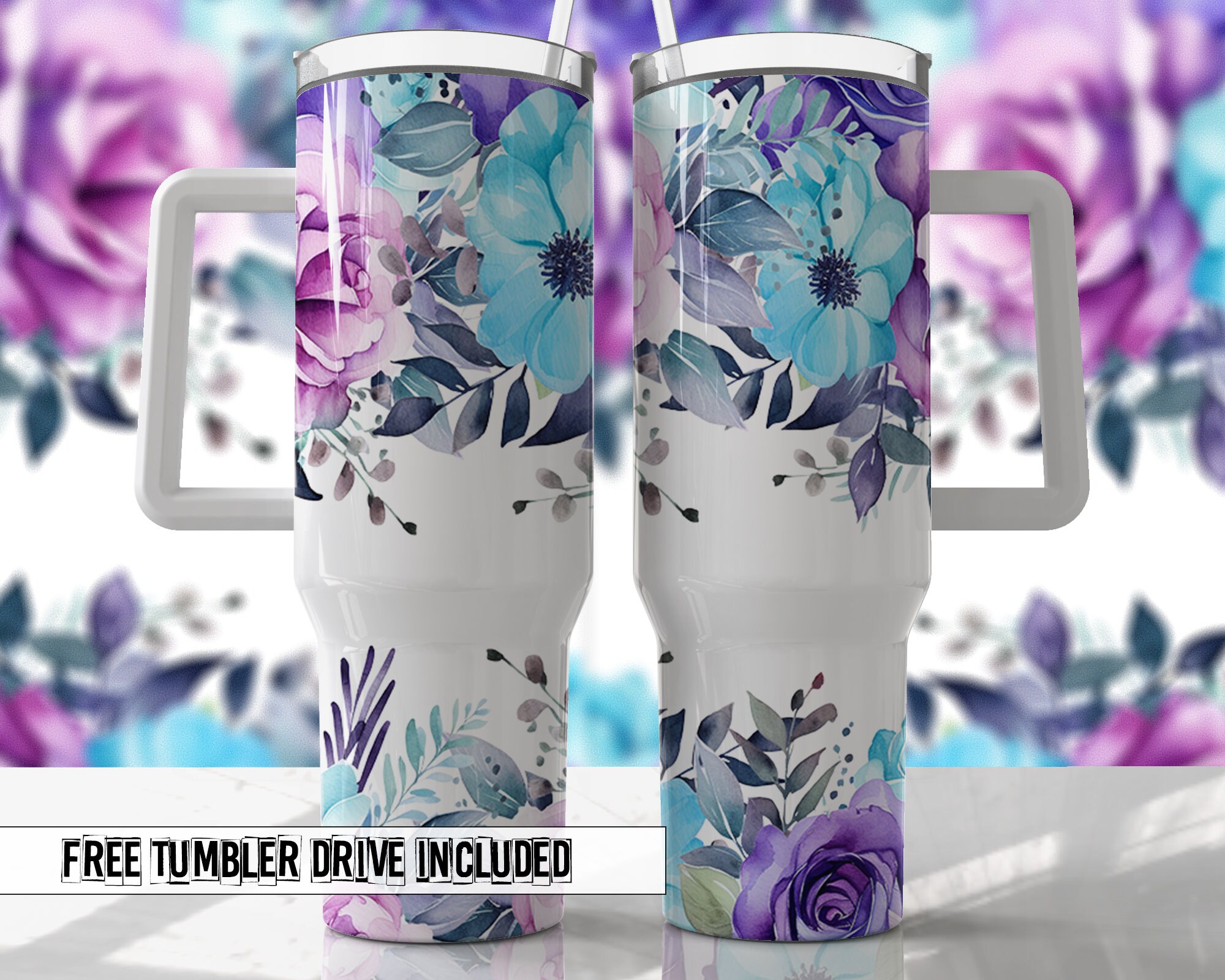 Aqua Purple Floral 40oz Quencher Tumbler Wrap - Seamless PNG Tumbler ...
