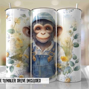 Monkey Tumbler Wrap Wearing Denim Overalls Watercolor Designs Seamless Sublimation Designs Downloads - Skinny 20oz - PNG