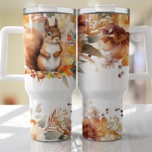 Gobelet d'emballage floral écureuil 40 oz désaltérant - Floral automne sans couture PNG Tumbler Design Sublimation Designs Téléchargements - PNG