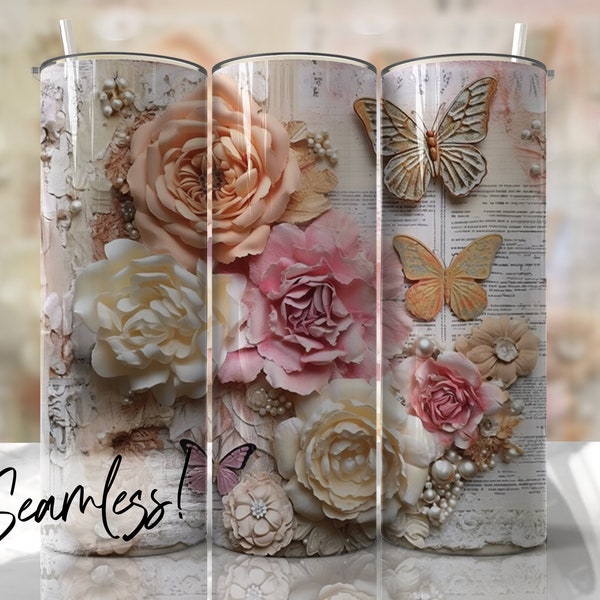 Dusty Rose Seamless Tumbler Wrap Butterflies Vintage Scrapbook Floral Template Sublimation Designs Downloads - Summer Skinny 20oz Design