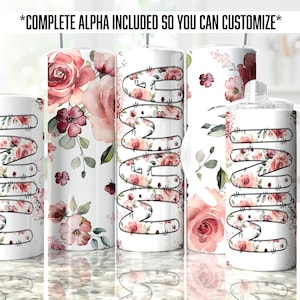 May include: Set of four white tumblers with a floral design and the word "Mama" in black outlined letters. The tumblers are different sizes.