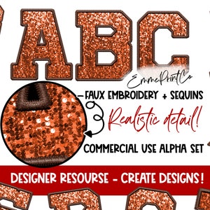 Naranja - Conjunto Alfabeto con Lentejuelas Falsas Bordadas - Sublimación PNG DTF Letras Deportivas - EmmePrintCo