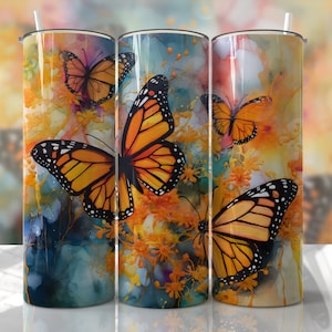 Monarchvlinder beker wrap sublimatie ontwerpen - vlinder alcoholinkt naadloze skinny beker 20oz ontwerp - png - EmmePrintco