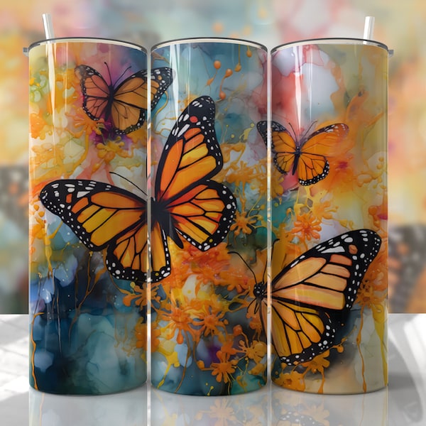 Monarch Butterfly Tumbler Wrap Sublimation Designs - Butterfly Alcohol Ink Seamless Skinny Tumbler 20oz Design - PNG - EmmePrintco