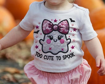 Cute Girls Halloween Too Cute to Spook Faux Embroidery  Sequins Glitter Sublimation Design Download PNG - DTF  Download - Shirts