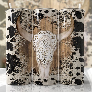 Western Tumbler Design Cowgirl Bull Cow Skull Seamless Country Sublimation Designs Downloads - Skinny 20oz - PNG