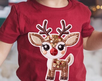 Cute Reindeer Christmas Faux Embroidery Sequins Glitter Sublimation Design Download PNG - DTF  Download - Shirts