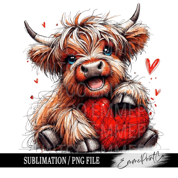 Highland Cow - Valentine's Day - Sublimation Design Download PNG - DTF Digital File Download - Shirts Mugs Tumblers EmmePrintCo