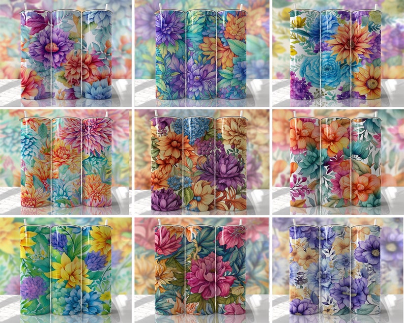 Watercolor Floral Tumbler Wrap Bundle PNG Seamless Tumbler Drive ...