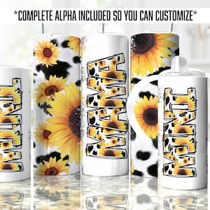May include: Three white tumblers with a cow print background and sunflowers. The tumblers are personalized with the words "Mama", "Twin", and "Twin".