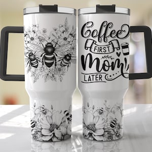 Black and White 40oz Tumbler Wrap - Bee Mom Quote Funny Floral Seamless PNG Tumbler Design Sublimation Designs Downloads - PNG