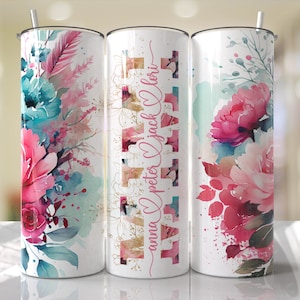 Peut inclure: Trois gobelets en acier inoxydable avec un fond blanc et des motifs floraux. Les gobelets portent des lettres dorées qui lisent "TATT" et "anna peter jack Lori".