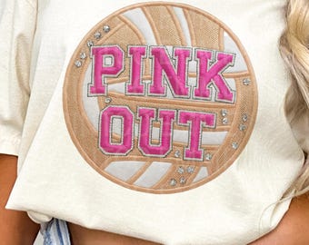 Volleyball Pink Out Ribbon Sublimation Design  Faux Embroidery Cancer Awareness Sequins Glitter  Download PNG - DTF  Download - Shirts