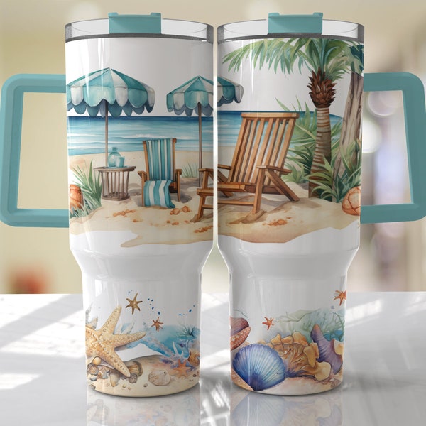 Beach Watercolor 40oz Quencher Tumbler Wrap -  Summer Seamless PNG Tumbler Design Sublimation Designs Downloads - PNG