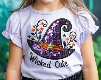 Cute Girls Halloween Witch Faux Embroidery Sequins Glitter Sublimation Design Download PNG - DTF  Download - Shirts