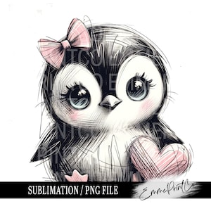 Op de afbeelding: Een zwart-witte cartoonpinguïn met een roze strik en grote blauwe ogen houdt een roze hart vast. De pinguïn is getekend in een schetsmatige stijl.