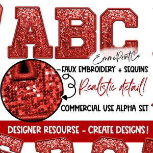 Può includere: Lettere rosse ricoperte di paillettes che compongono "ABC" con un dettaglio in primo piano che mostra un finto ricamo. L'immagine include il testo "FAUX EMBROIDERY + SEQUINS", "Realistic detail!" e "COMMERCIAL USE ALPHA SET". Il banner in basso recita "DESIGNER RESOURSE - CREATE DESIGNS!"