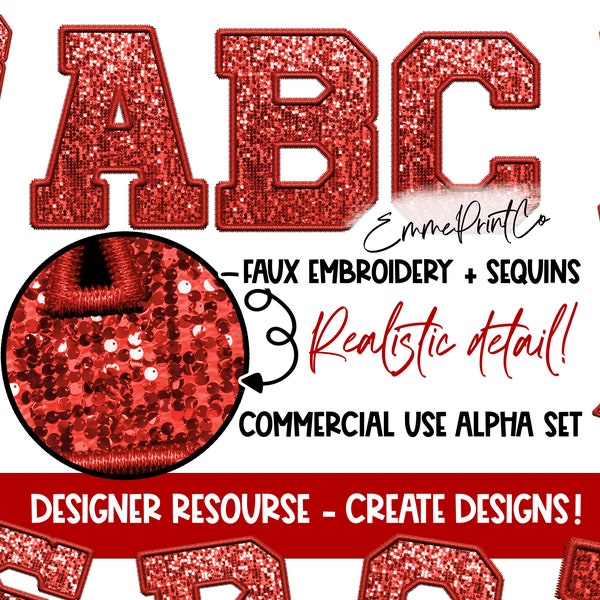 Red - Faux Embroidery Sequins Alpha Set - Alphabet Sublimation PNG DTF Sports Letters - EmmePrintCo