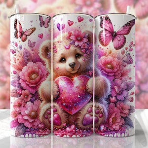 VALENTINE&#39;S DAY Tumbler Wrap - Cute Teddy - 20oz Skinny Seamless Tumbler Wrap PNG - Sublimation Tumbler Template - EmmePrintCo