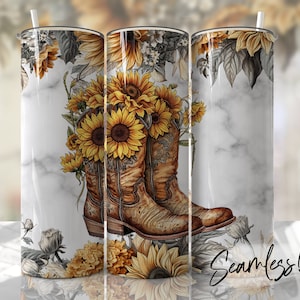 Botas de Cowgirl Girassol Tumbler Wrap PNG Designs de Sublimação Country Tumbler - Skinny Tumbler 20oz Design