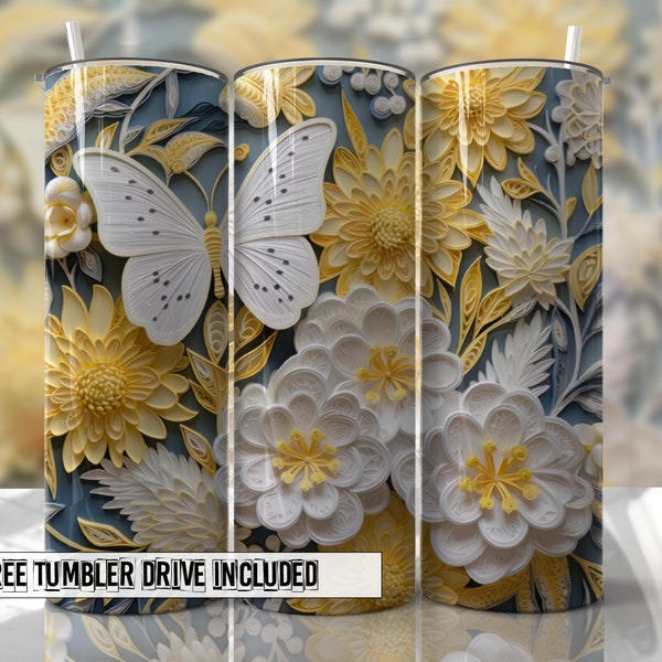 Floral 3D Tumbler Wrap Yellow Flowers Butterflies Summer Tumbler Wraps Seamless Sublimation Designs Downloads - Skinny 20oz Design