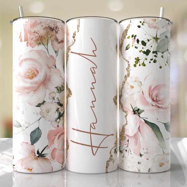 Pink Floral Tumbler Wrap PNG Agregue su propio nombre Texto Diseño de vaso sin costuras Diseños de sublimación de oro Descargas - Flaco 20oz - PNG