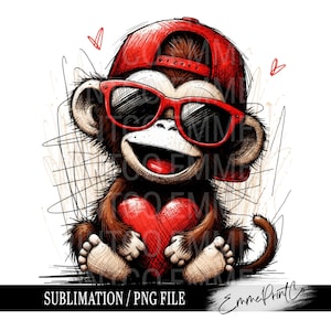 Pode incluir: Um macaco de desenho animado usando óculos de sol vermelhos e um boné de beisebol vermelho segura um coração vermelho. O macaco está sorrindo e tem uma expressão feliz. O fundo é um fundo branco com linhas pretas.
