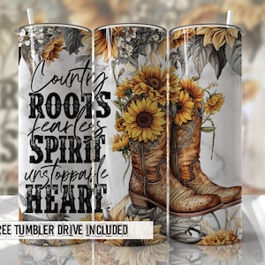 Botas de Cowgirl Girassol Tumbler Wrap PNG Designs de Sublimação Country Tumbler - Skinny Tumbler 20oz Design