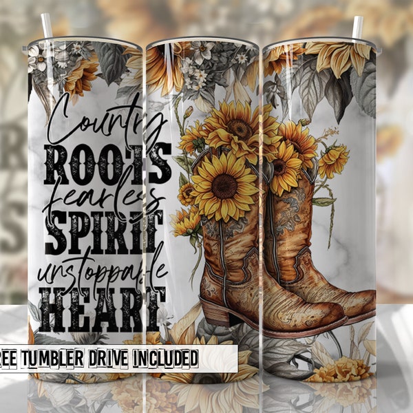 Sunflower Cowgirl Boots Tumbler Wrap PNG Sublimation Designs Country Tumbler - Skinny Tumbler 20oz Design
