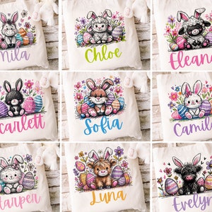May include: Nine personalised Easter tote bags with different animal designs. Each bag features a bunny, lamb, or cow holding Easter eggs. The bags are white with colourful floral designs and the names Mila, Chloe, Eleanor, Scarlett, Sofia, Camila, Harper, Luna, and Evelyn are printed on the bottom.