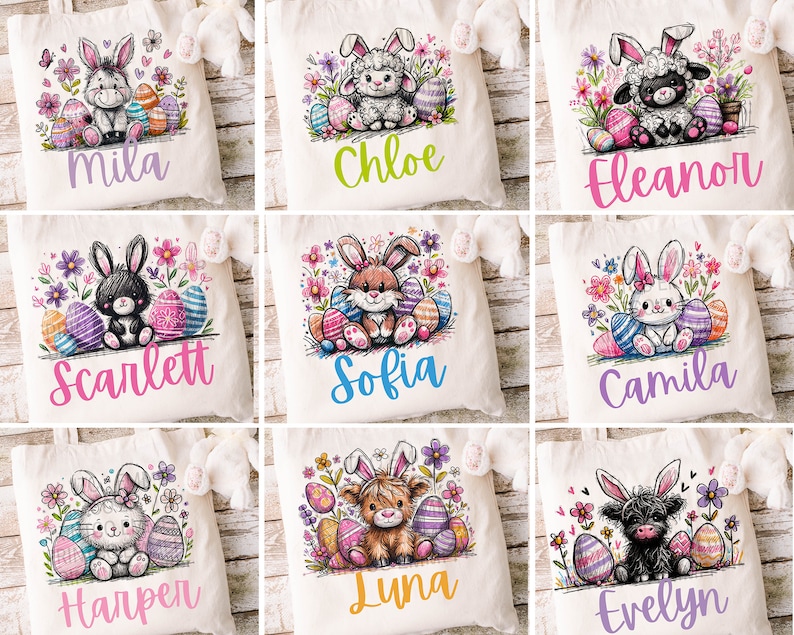 May include: Nine personalised Easter tote bags with different animal designs. Each bag features a bunny, lamb, or cow holding Easter eggs. The bags are white with colourful floral designs and the names Mila, Chloe, Eleanor, Scarlett, Sofia, Camila, Harper, Luna, and Evelyn are printed on the bottom.