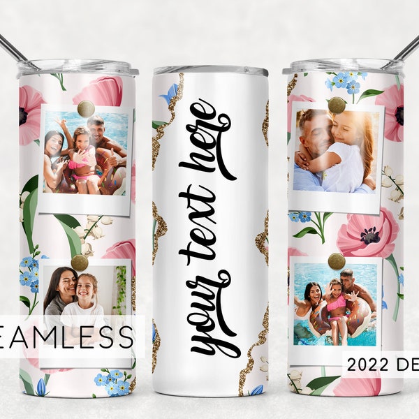 Pink Blue Floral Photo Tumbler Add Name Seamless for Pictures Sublimation Designs Downloads - Skinny 20oz - PNG 2022